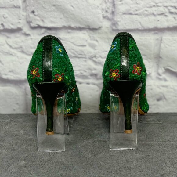 Miss L-Fire Green Floral Embroidered Mesh Pumps - Picture 4 of 6